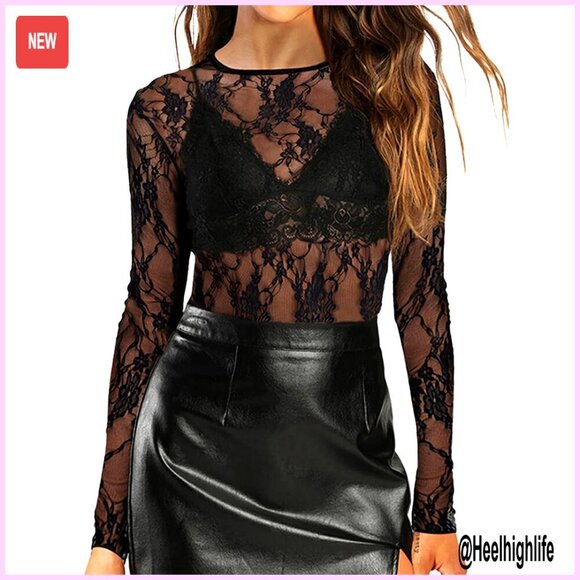 Tops - Long Sleeve Mesh Blouse Sheer Lace Top Floral Concert Party Outfit